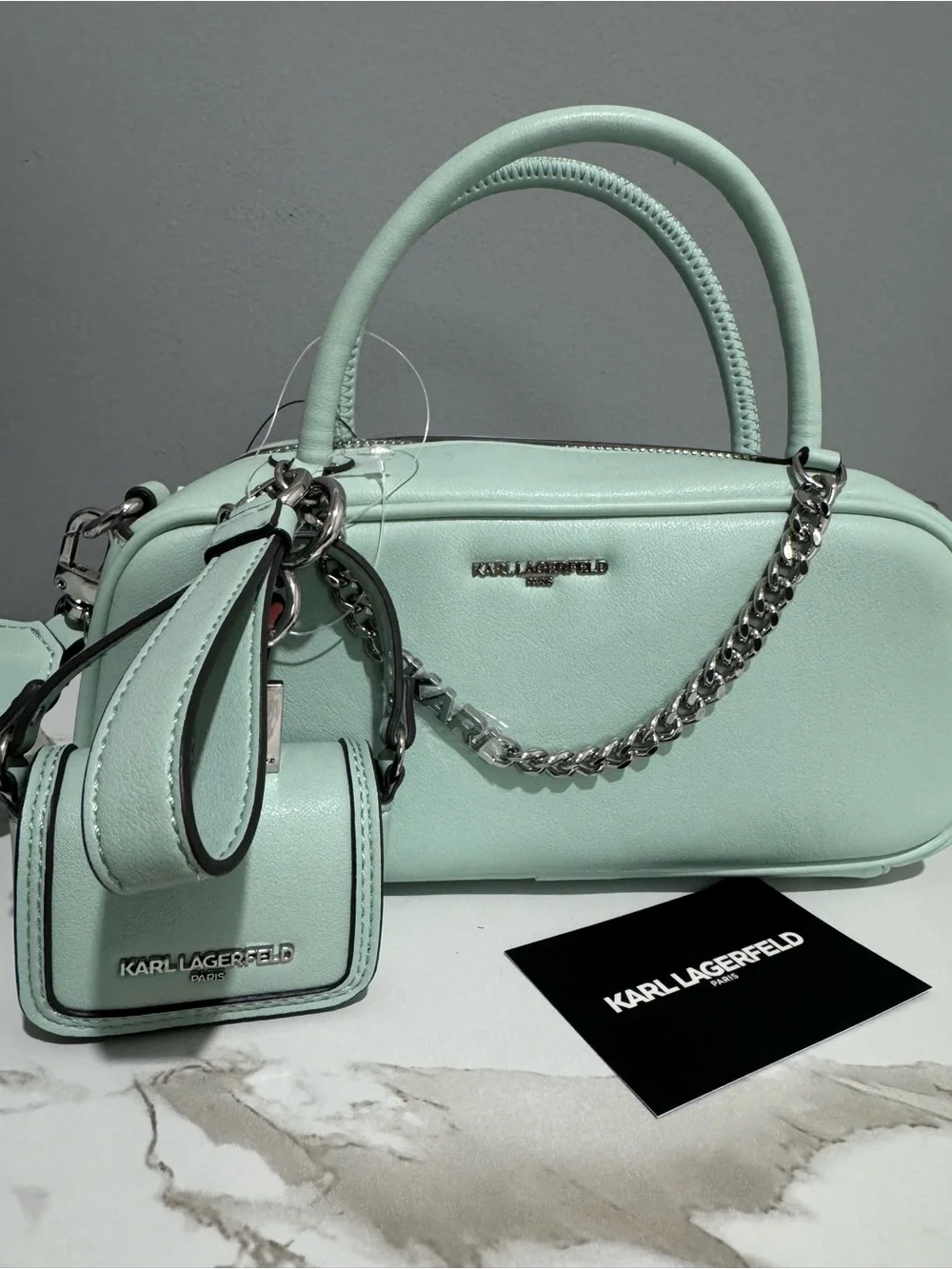 Karl Lagerfeld Mint Green Leather Barrel Crossbody with Chain